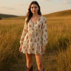 Sim & Sam Cream Floral Ruffle Mini Dress Cottagecore Prairie Feminine – Size M